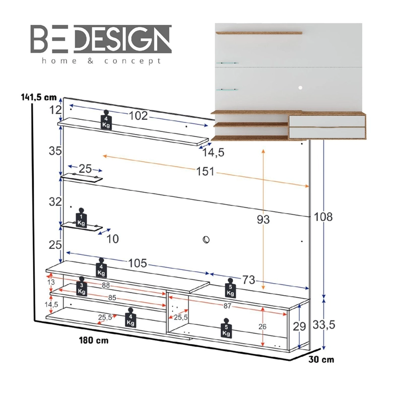 RACK TV BE DESIGN PARED BE 65" BLANCO/MIEL - 3