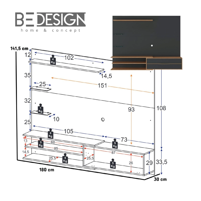 RACK TV BE DESING PARED BE 65" MIEL - 3