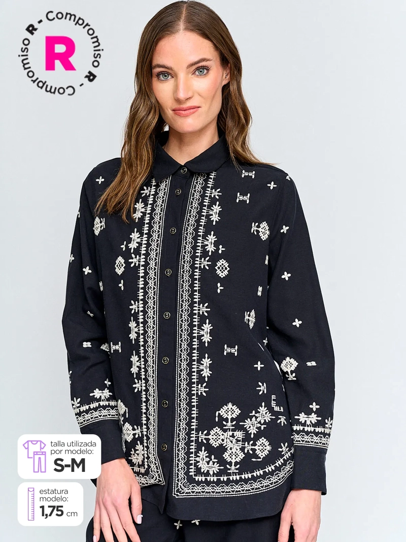 BLUSA MUJER CACHAREL MANGA LARGA CAMISERA BORDADO - 1