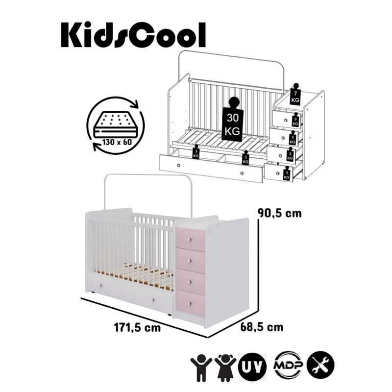 CUNA CON COMODA KIDSCOOL TOP BABY ROSADA - 5