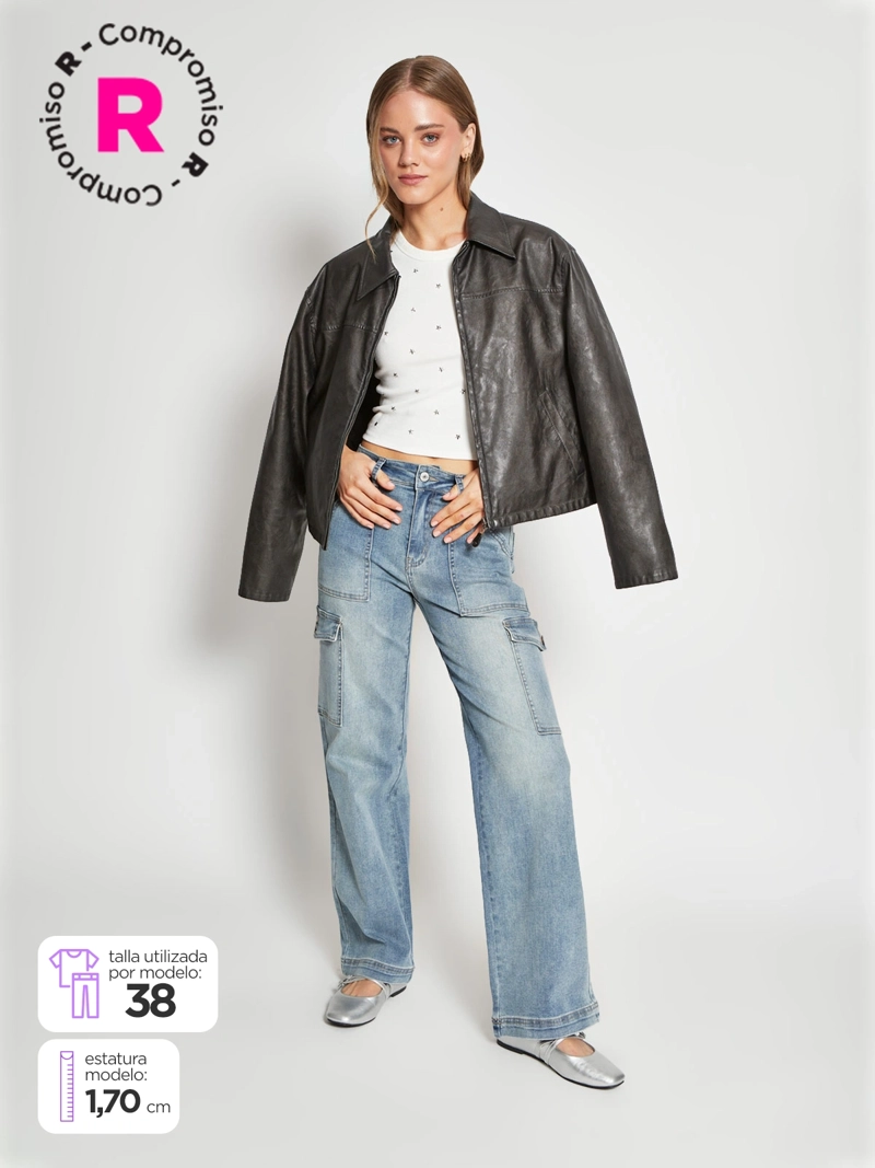 JEANS MUJER INDEX ALGODÓN CARGO TIRO MEDIO - 1