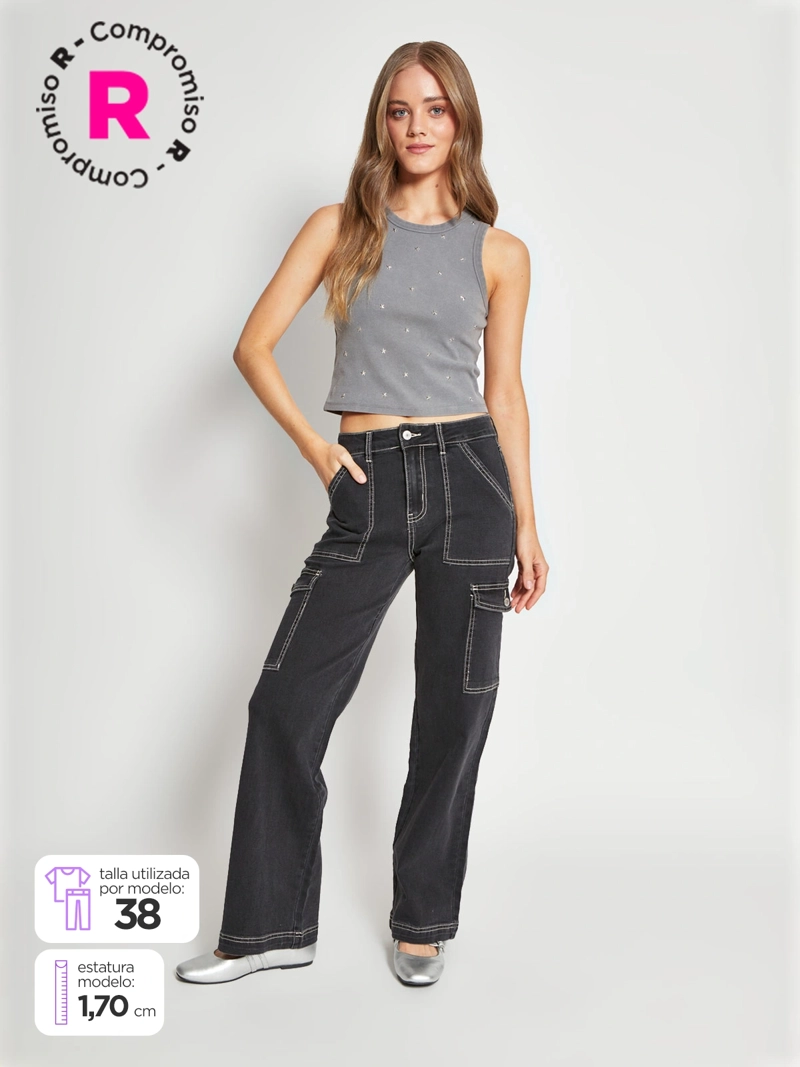 JEANS MUJER INDEX ALGODÓN CARGO TIRO MEDIO - 1
