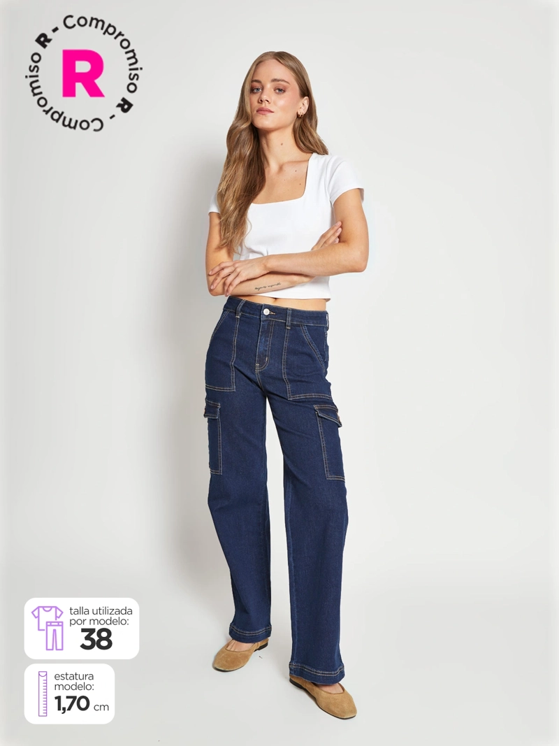 JEANS MUJER INDEX ALGODÓN CARGO TIRO MEDIO - 1