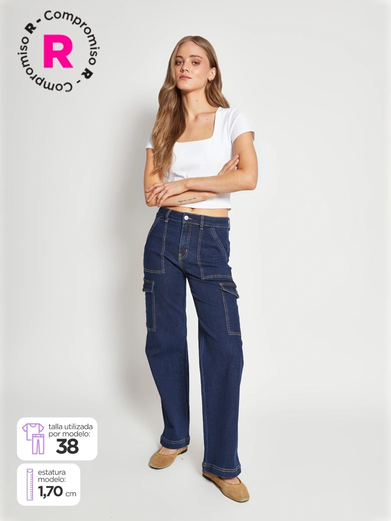JEANS MUJER INDEX ALGODÓN CARGO TIRO MEDIO - 1