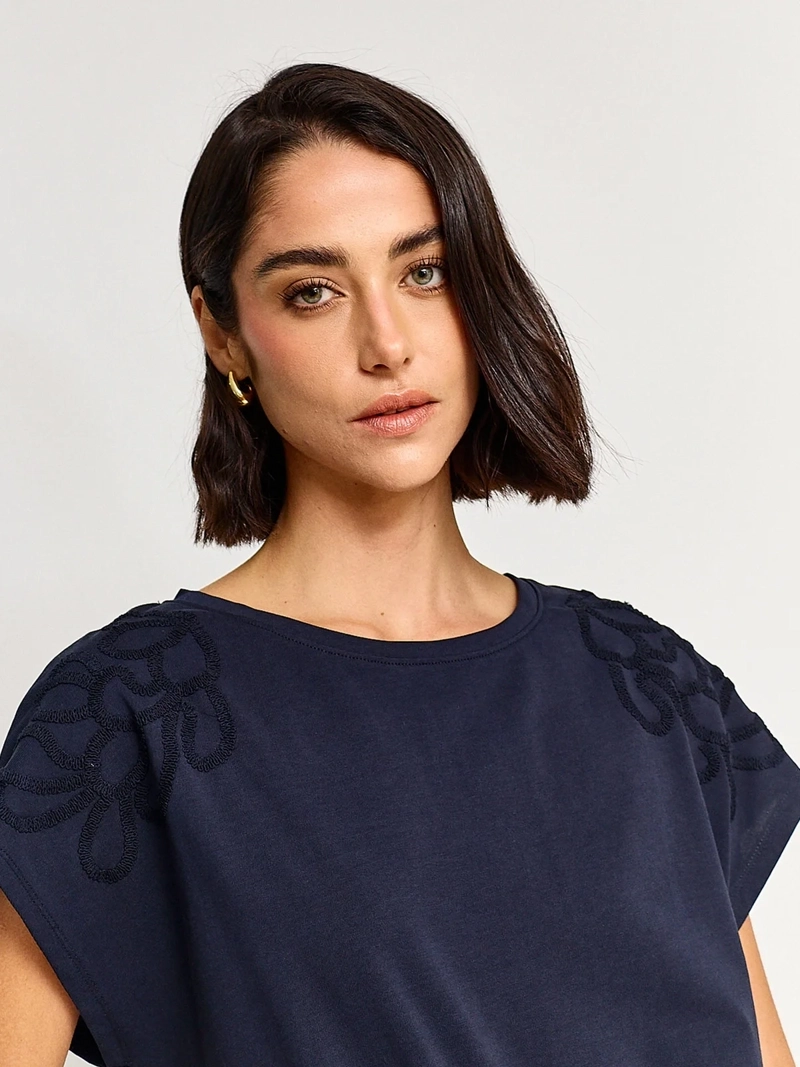 POLERA MUJER CACHAREL ALGODÓN MANGA CORTA BORDADO - 3
