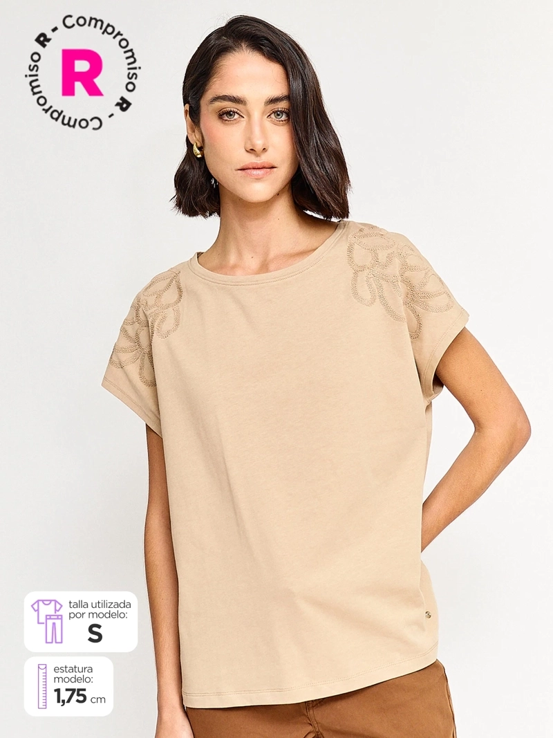 POLERA MUJER CACHAREL ALGODÓN MANGA CORTA BORDADO - 1