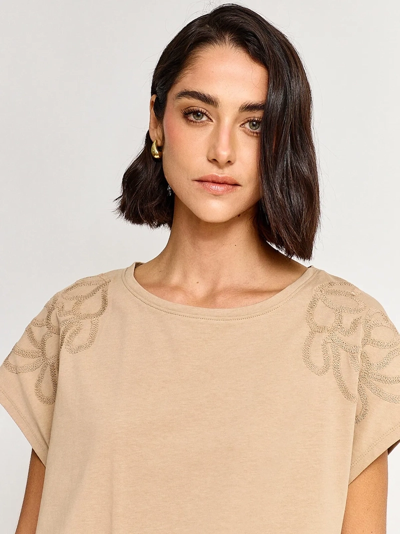 POLERA MUJER CACHAREL ALGODÓN MANGA CORTA BORDADO - 3