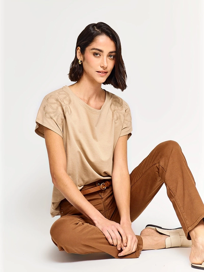 POLERA MUJER CACHAREL ALGODÓN MANGA CORTA BORDADO - 4
