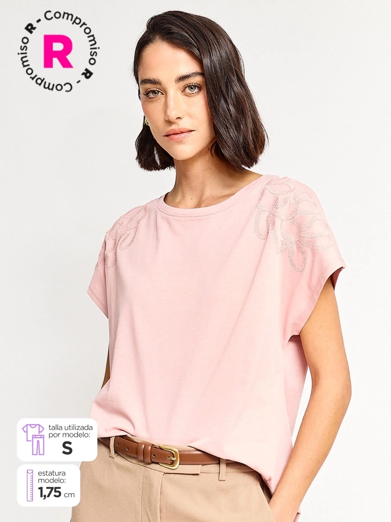 POLERA MUJER CACHAREL ALGODÓN MANGA CORTA BORDADO - 1