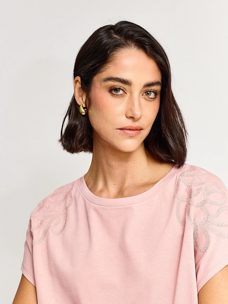 POLERA MUJER CACHAREL ALGODÓN MANGA CORTA BORDADO - 3