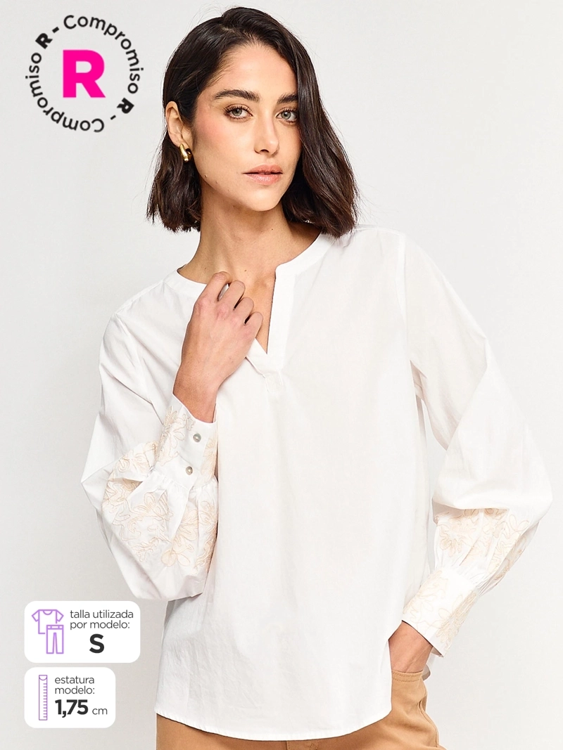 CACHAREL BLUSA MUJER CACHAREL ALGODÓN CUELLO MAO MANGA LARGA BORDADO