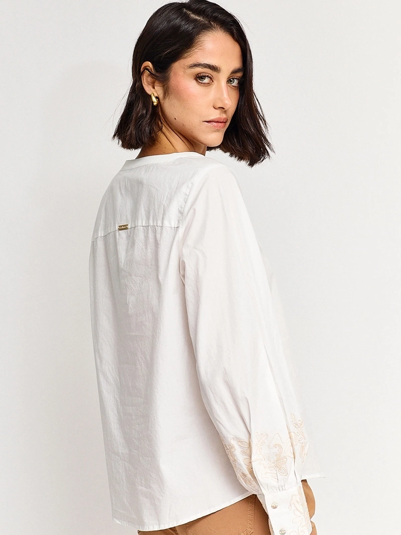 BLUSA MUJER CACHAREL ALGODÓN CUELLO MAO MANGA LARGA BORDADO - 2