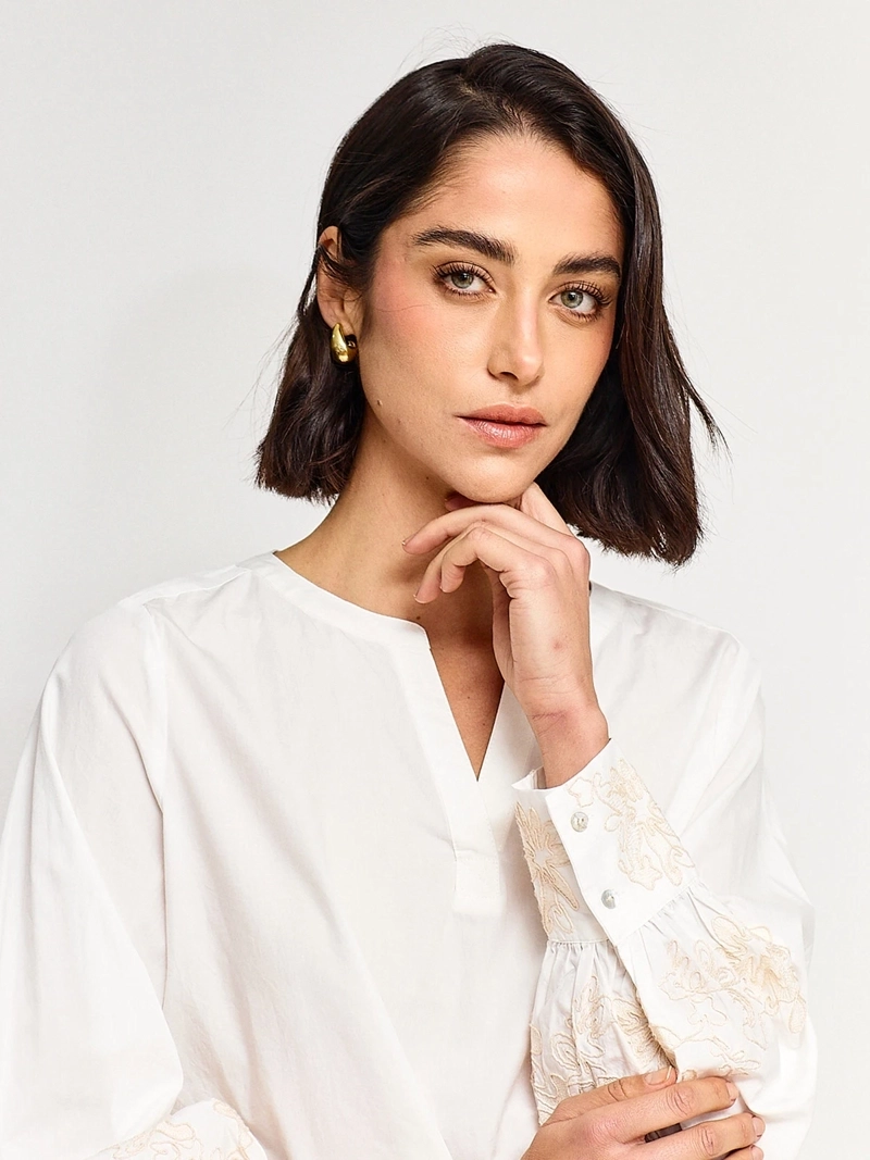 BLUSA MUJER CACHAREL ALGODÓN CUELLO MAO MANGA LARGA BORDADO - 3