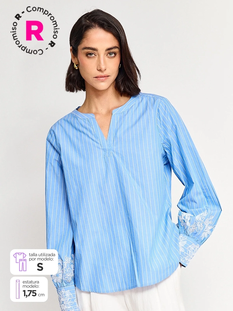 BLUSA MUJER CACHAREL ALGODÓN CUELLO MAO MANGA LARGA BORDADO - 1