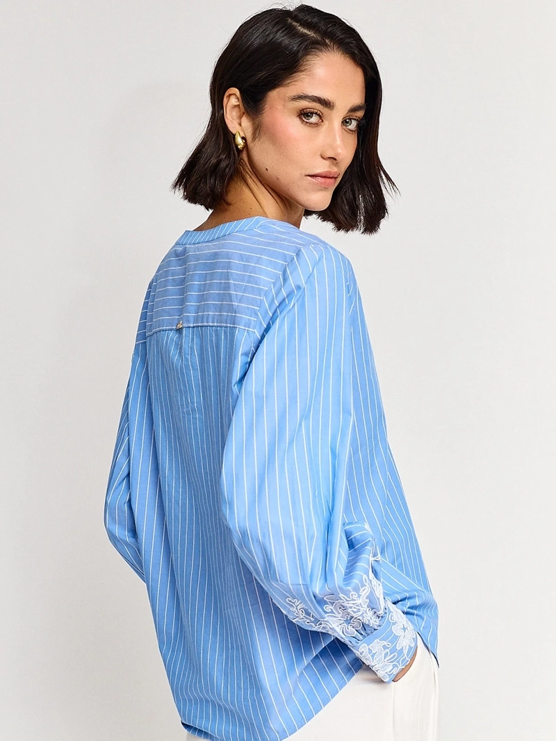 BLUSA MUJER CACHAREL ALGODÓN CUELLO MAO MANGA LARGA BORDADO - 2