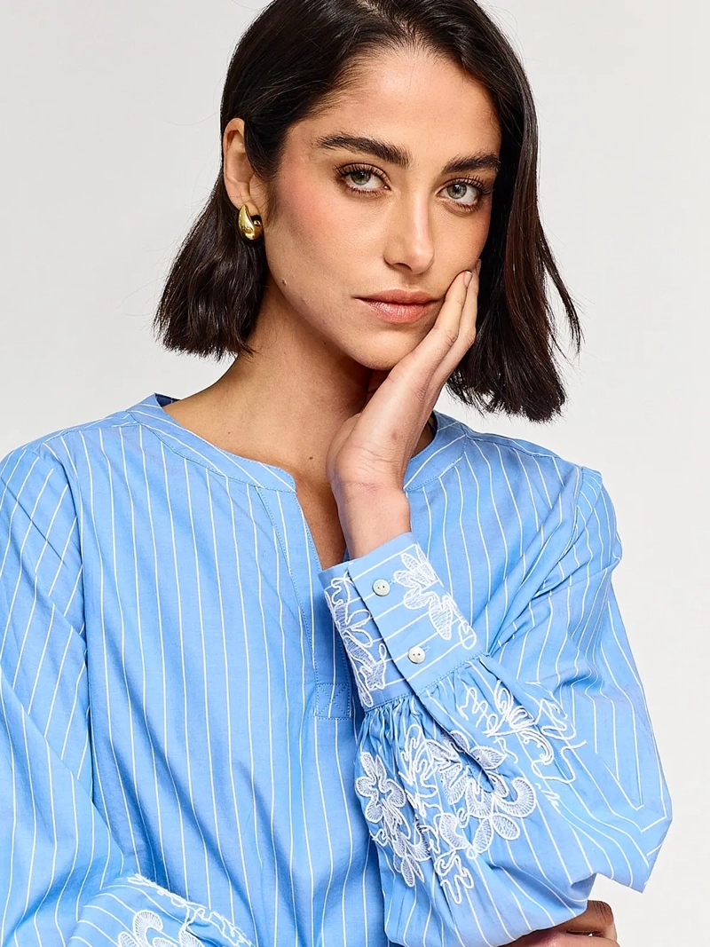 BLUSA MUJER CACHAREL ALGODÓN CUELLO MAO MANGA LARGA BORDADO - 3