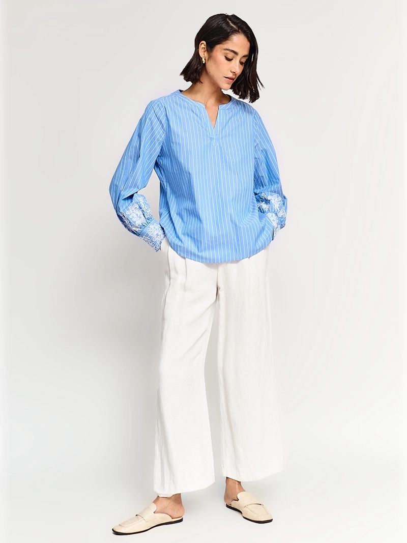 BLUSA MUJER CACHAREL ALGODÓN CUELLO MAO MANGA LARGA BORDADO - 4
