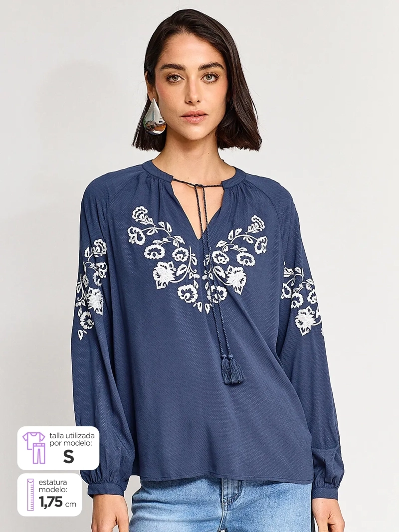 BLUSA MUJER AZIZ MANGA LARGA BORDADA - 1