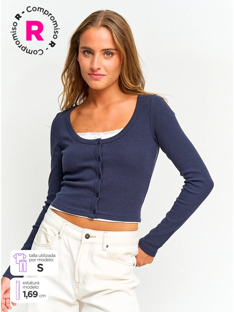 POLERA MUJER INDEX ALGODÓN MANGA LARGA BOTONES - 1