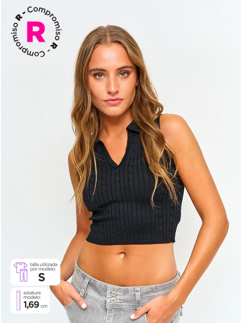 POLERA MUJER INDEX CUELLO POLO SIN MANGAS TEJIDO