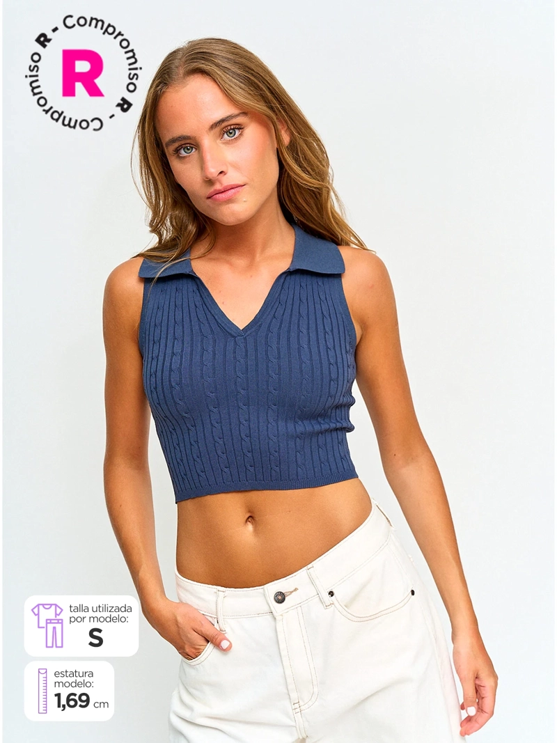 POLERA MUJER INDEX CUELLO POLO SIN MANGAS TEJIDO