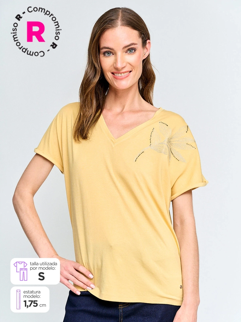 POLERA MUJER CACHAREL CUELLO EN V MANGA CORTA