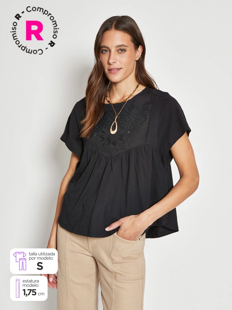 POLERA MUJER TATIENNE ALGODÓN MANGA CORTA VUELOS - 1