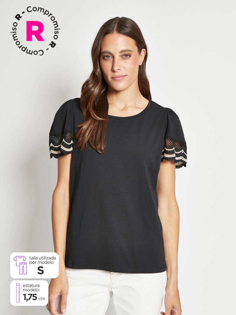 POLERA MUJER CACHAREL ALGODÓN MANGA CORTA VUELOS MACRAMÉ - 1