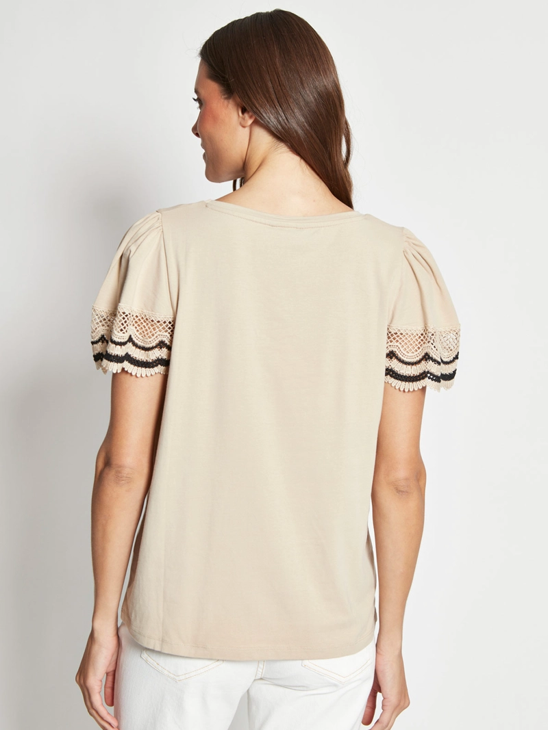 POLERA MUJER CACHAREL ALGODÓN MANGA CORTA VUELOS MACRAMÉ - 2
