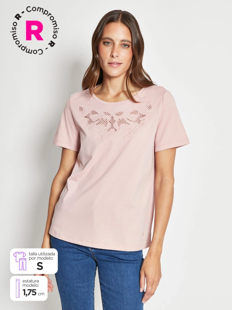 POLERA MUJER CACHAREL ALGODÓN MANGA CORTA APLICACIÓN - 1