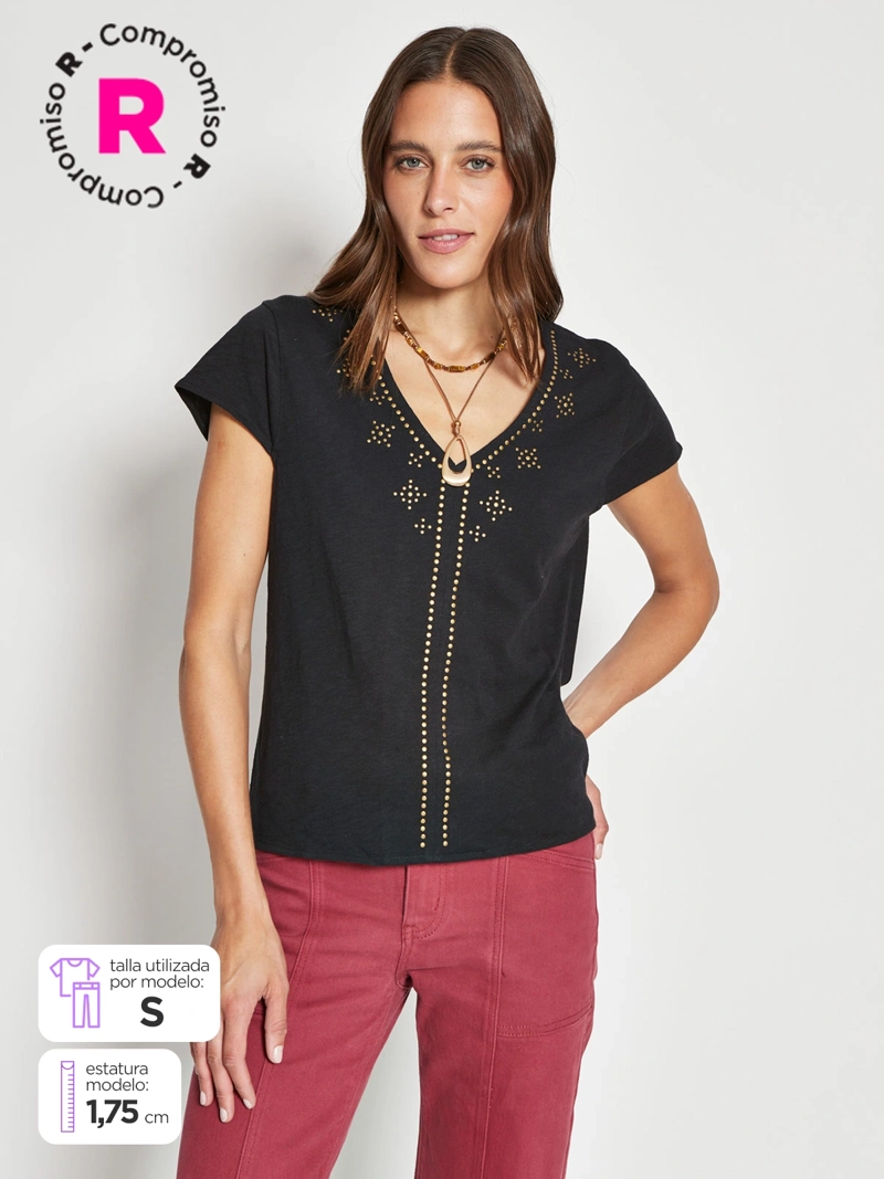 POLERA MUJER TATIENNE ALGODÓN MANGA CORTA TACHAS - 1