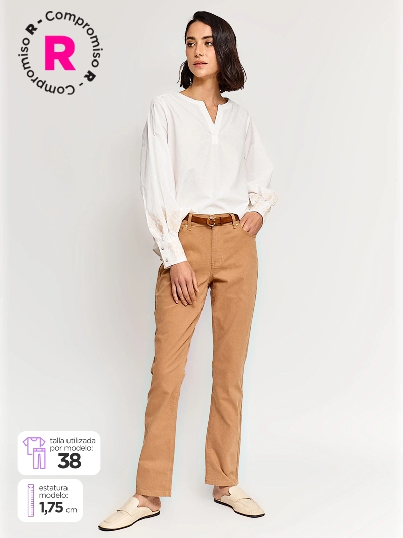 PANTALÓN MUJER CACHAREL ALGODÓN RECTO CINTURÓN - 1