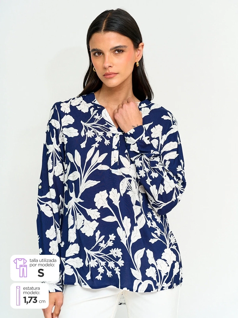 BLUSA MUJER AZIZ CUELLO MAO MANGA LARGA PRINT - 1