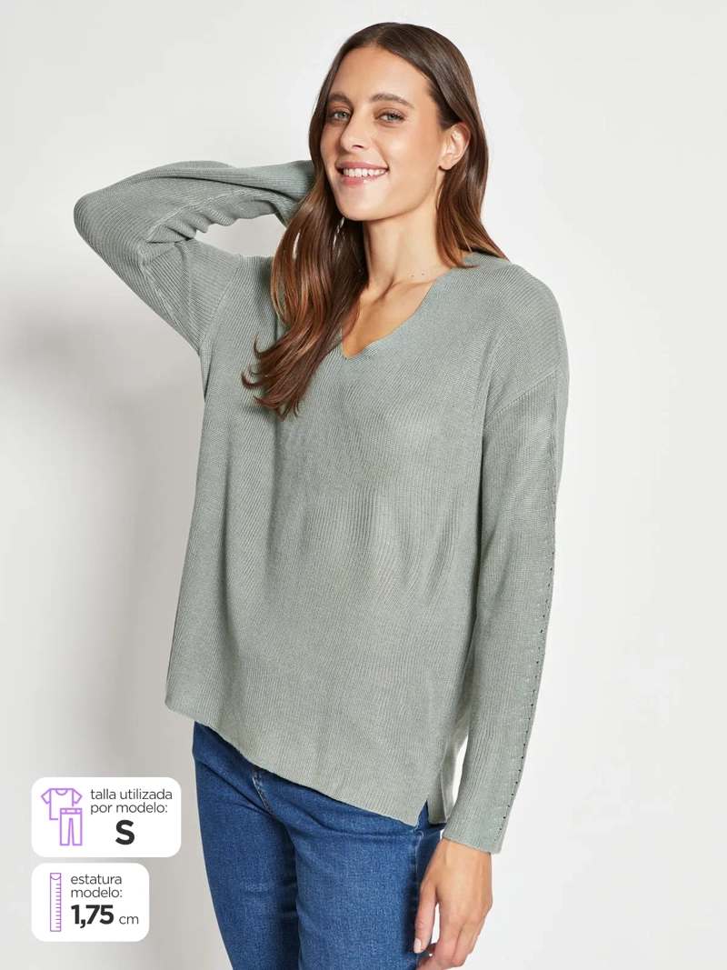 SWEATER MUJER AZIZ CUELLO EN V MANGA LARGA - 1