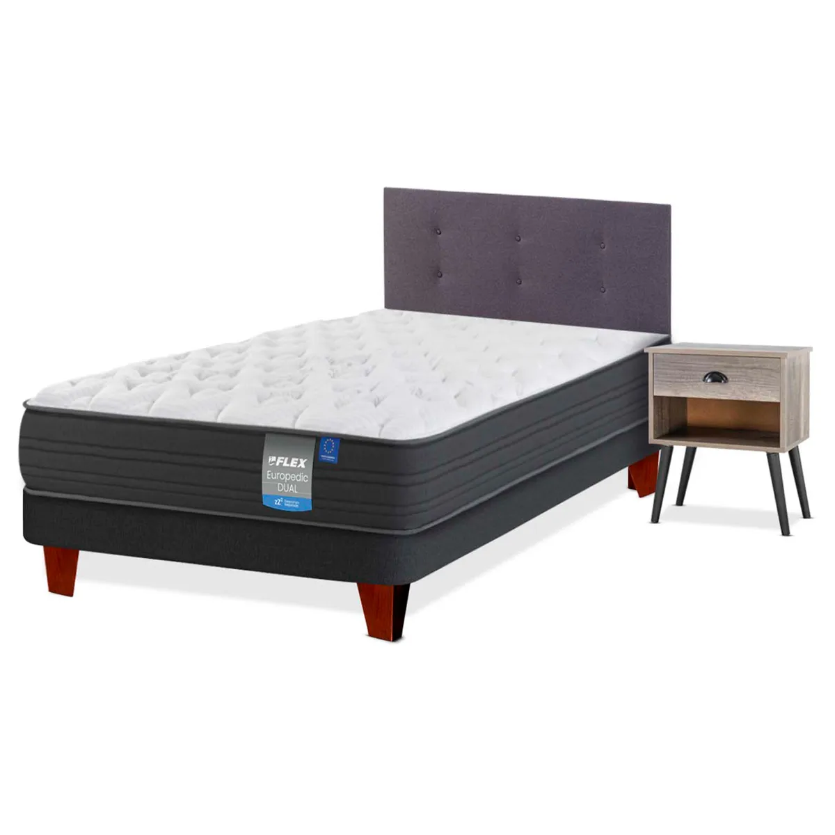 CAMA EUROPEA FLEX EUROPEDIC DUAL 1.5 PLAZAS + RESPALDO GRAFITO + VELADOR ROCK - 1
