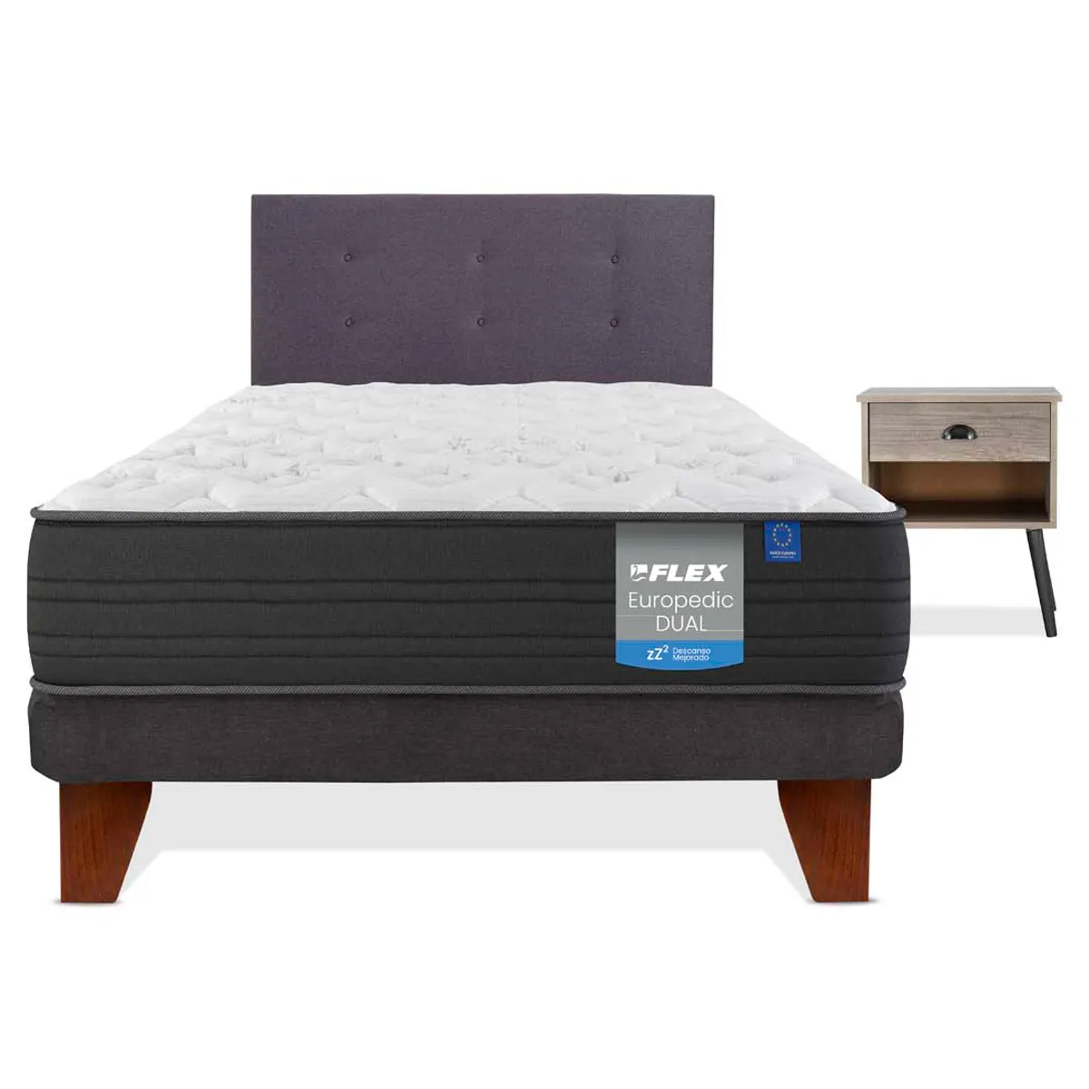 CAMA EUROPEA FLEX EUROPEDIC DUAL 1.5 PLAZAS + RESPALDO GRAFITO + VELADOR ROCK - 2