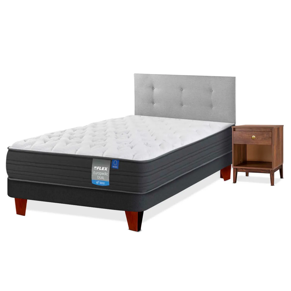 CAMA EUROPEA FLEX EUROPEDIC DUAL 1.5 PLAZAS + RESPALDO ROYAL + VELADOR ATENAS - 1
