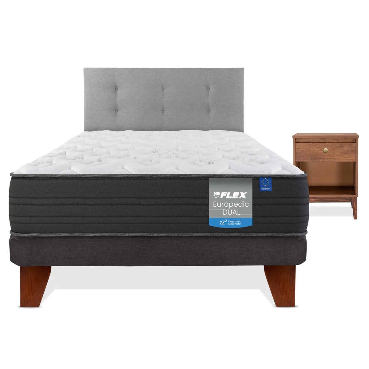 CAMA EUROPEA FLEX EUROPEDIC DUAL 1.5 PLAZAS + RESPALDO ROYAL + VELADOR ATENAS - 2