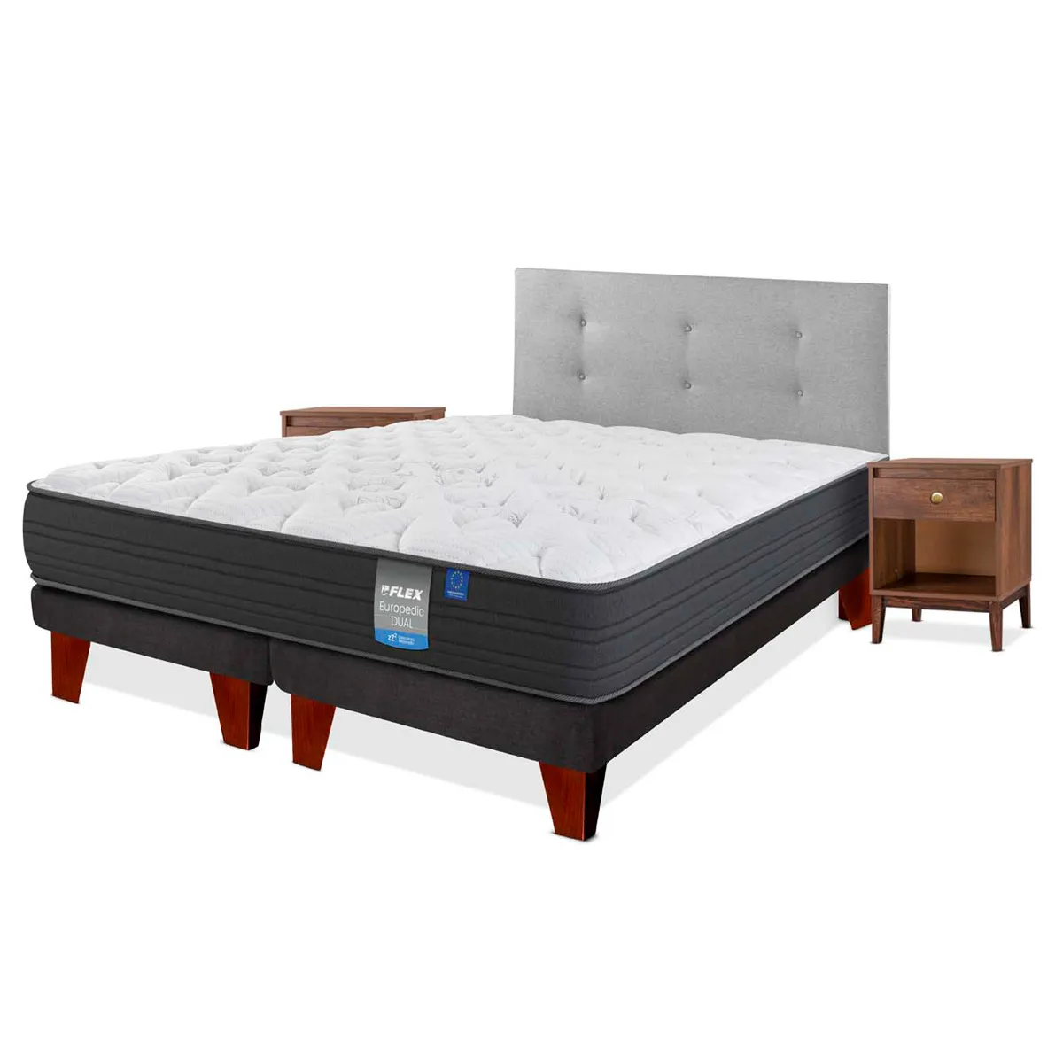 CAMA EUROPEA FLEX EUROPEDIC DUAL 2 PLAZAS + RESPALDO GRIS + VELADOR ATENAS - 1