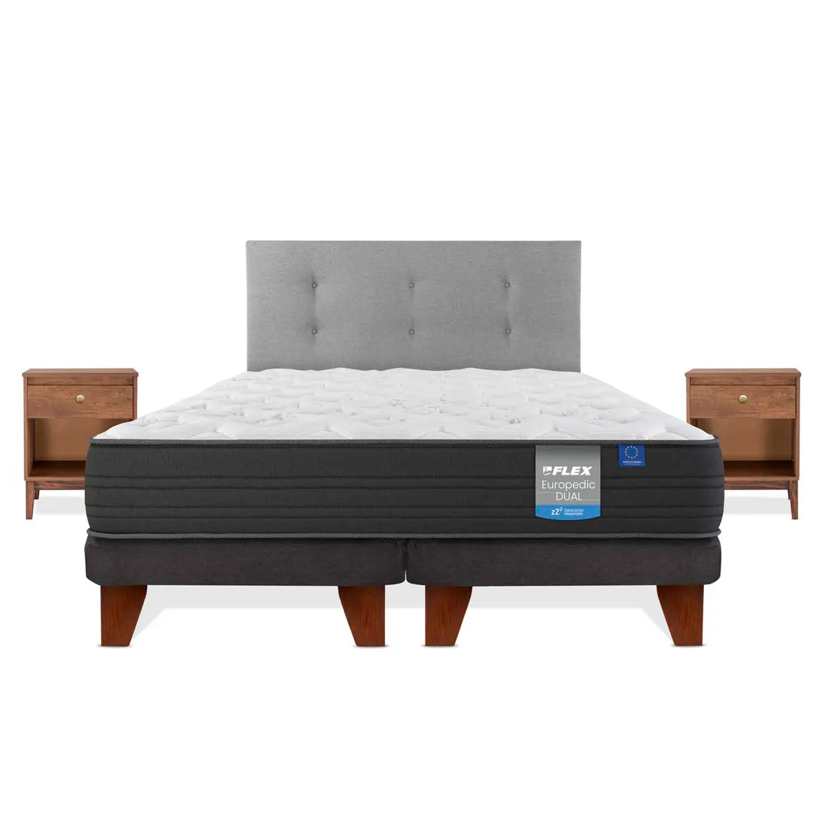 CAMA EUROPEA FLEX EUROPEDIC DUAL 2 PLAZAS + RESPALDO GRIS + VELADOR ATENAS - 2