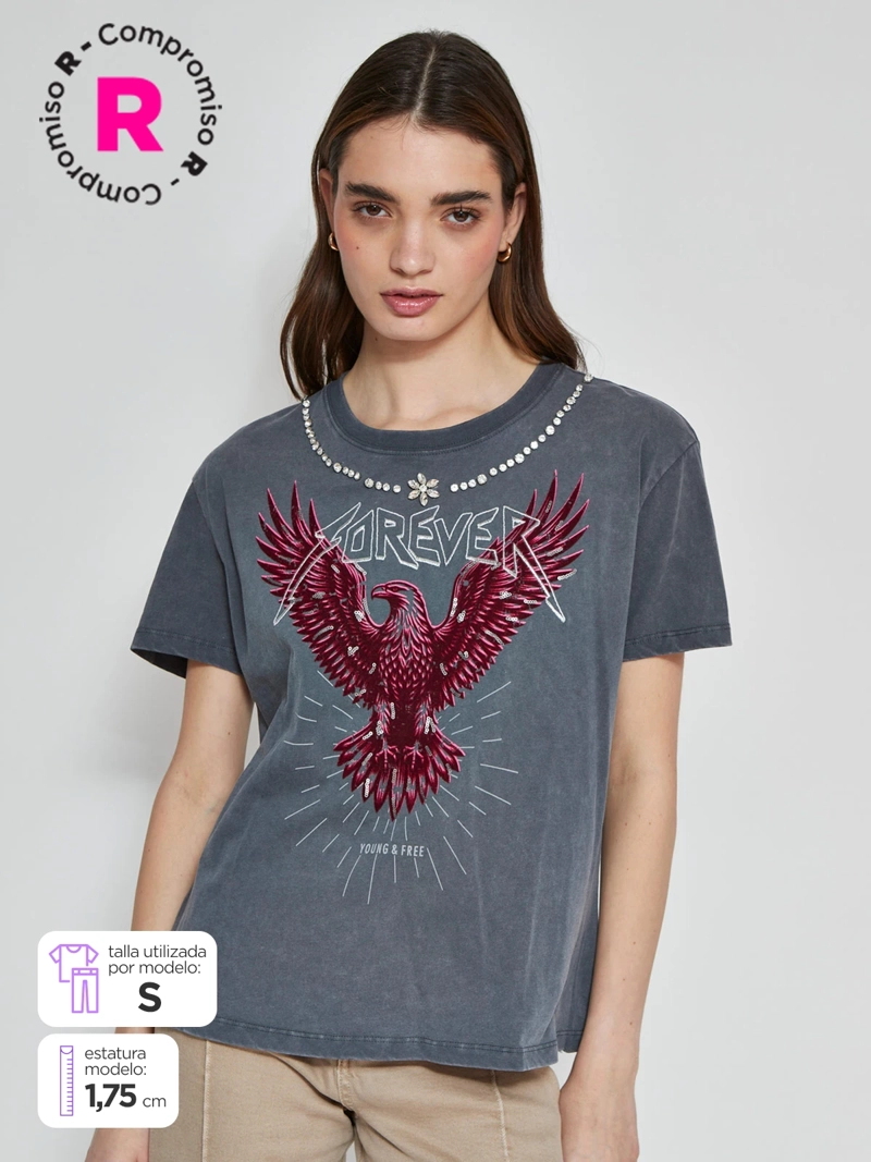 POLERA MUJER BARBADOS ALGODÓN MANGA CORTA APLICACIONES - 1