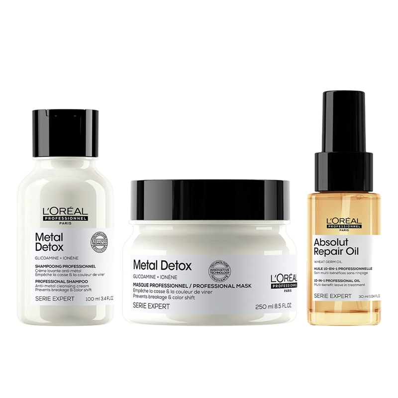SET ANTI QUIEBRE LOREAL PROFESSIONNEL METAL DETOX MÁSCARA 250 ML + SHAMPOO 100 ML + ACEITE ABSOLUT REPAIR 30 ML