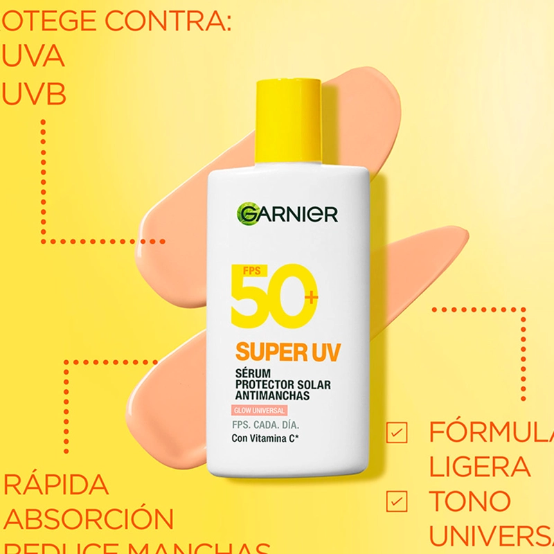  PROTECTOR SOLAR ANTI MANCHAS ANTIOLEOSIDAD GARNIER SUPER UV GLOW VIT C FPS50 40 ML - 9