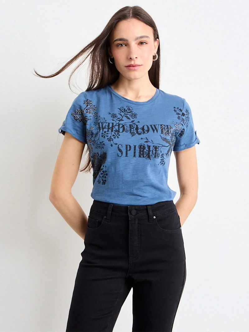 POLERA MUJER IO ALGODÓN ACID WASH ESTAMPADO - 1