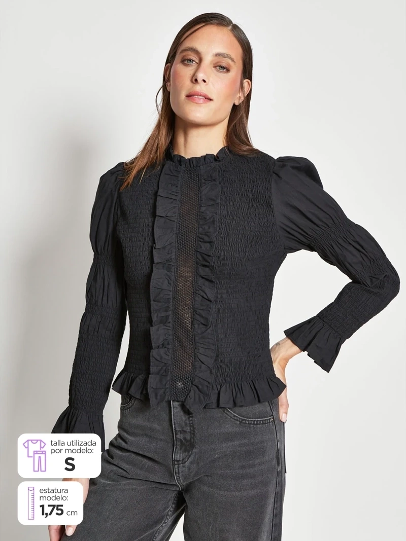 BLUSA MUJER MARQUIS ALGODÓN MANGA GLOBO PANAL Y RUCHA - 2
