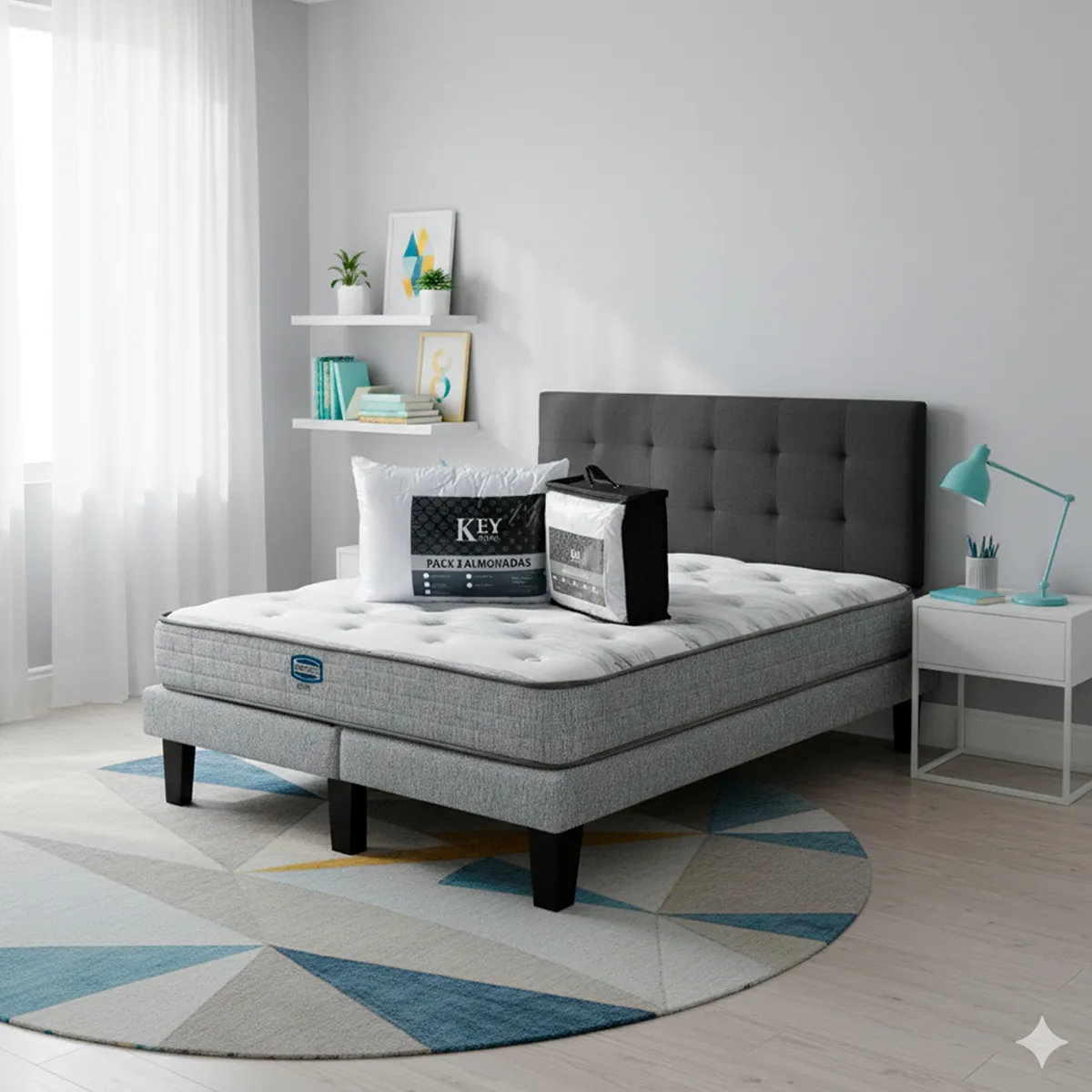 CAMA EUROPEA SIMMONS GRAVITY 2 PL + RESPALDO URBAN MARENGO + CUBRE COLCHÓN + PACK ALMOHADAS - 6