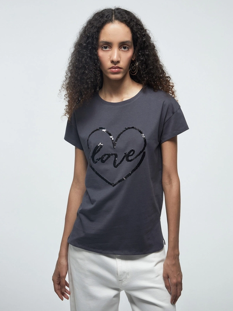 POLERA MUJER SFERA ALGODÓN MANGA CORTA LENTEJUELAS