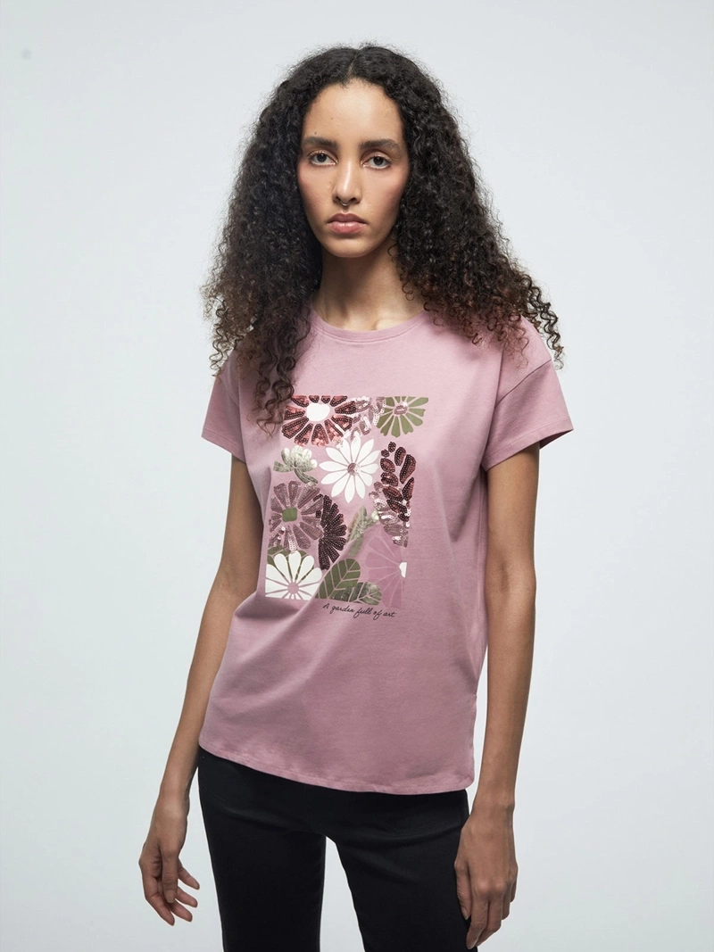 POLERA MUJER SFERA ALGODÓN MANGA CORTA LENTEJUELAS - 1