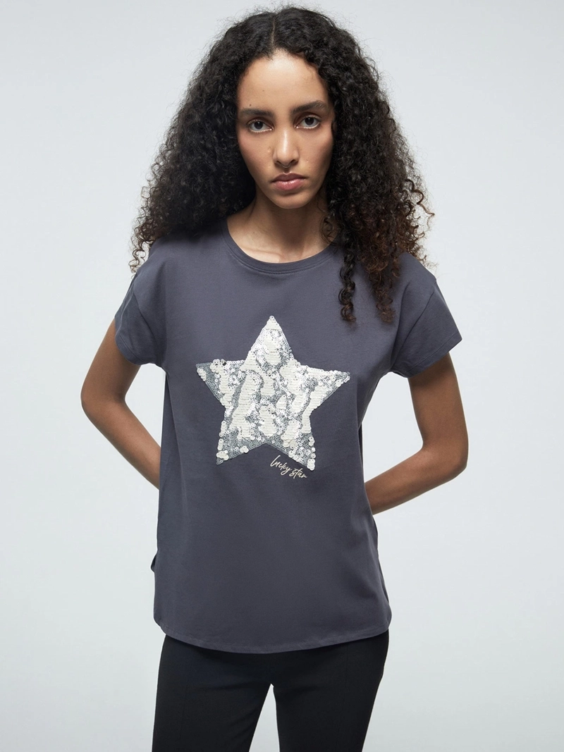 POLERA MUJER SFERA ALGODÓN MANGA CORTA LENTEJUELAS - 1