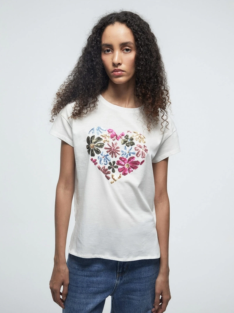 POLERA MUJER SFERA ALGODÓN MANGA CORTA LENTEJUELAS - 1